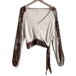By Together Collection Long Sleeve Silk Paisley Waffle Knit Wrap Tie Blouse Top